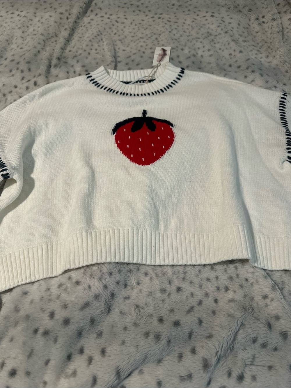 NWT Jessica Simpson White Cropped Crewneck Sweater with Red Strawberry